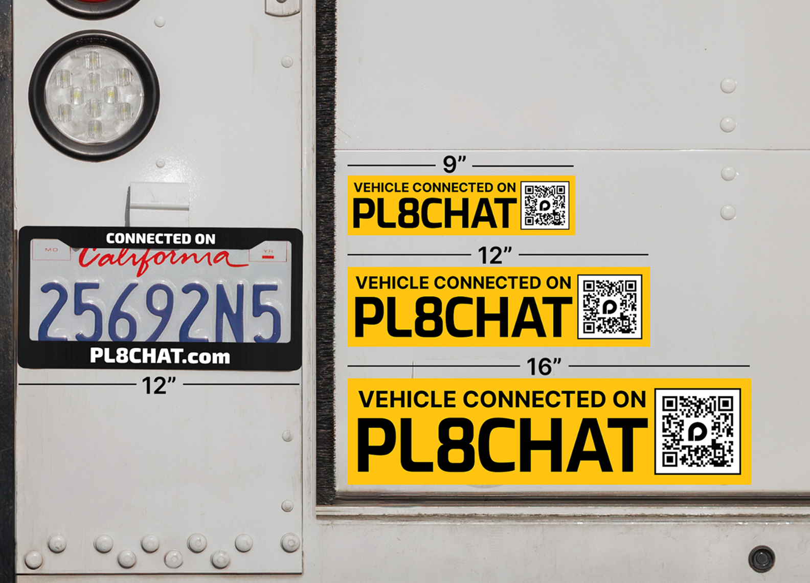 Ford fleet truck with Vehicle Connected on PL8CHAT decal and California license plate frame