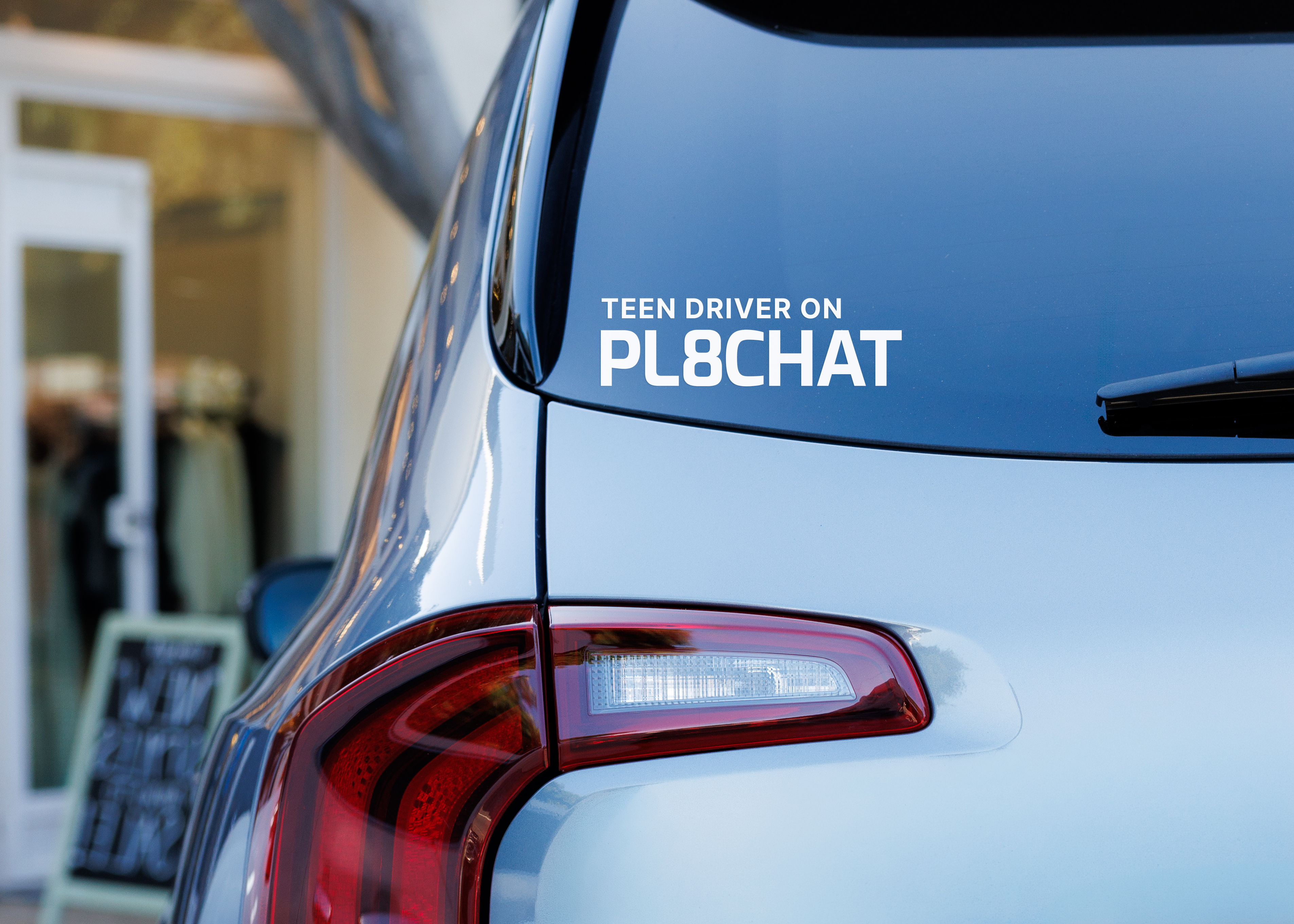 PL8CHAT teen driver decal kit including yellow decal, window cutout, and license plate frames