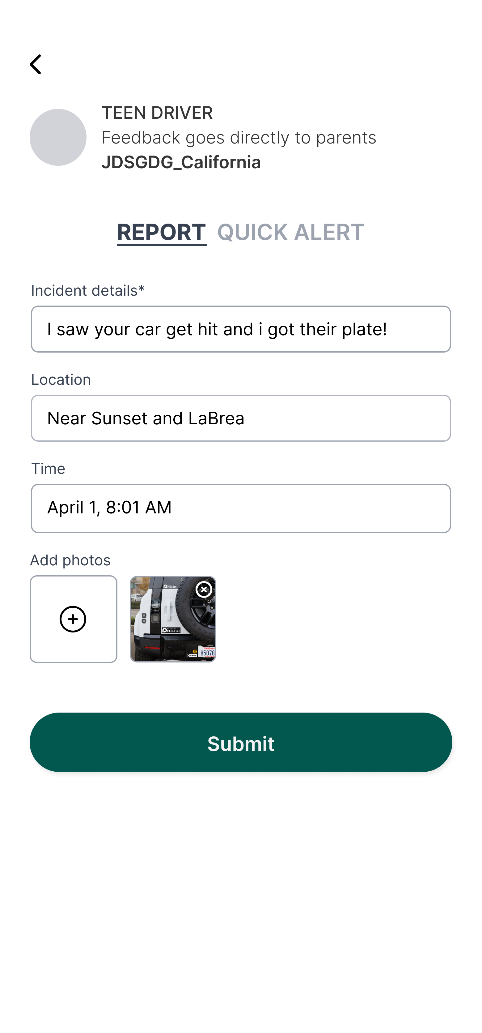 PL8CHAT teen driver report form screen